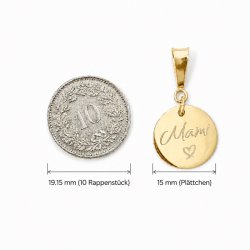 Grössenvergleich Anhänger 15 mm aus vergoldetem 925 Silber neben 10-Rappenstück