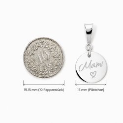 Grössenvergleich Anhänger 15 mm aus 925 Silber neben 10-Rappenstück