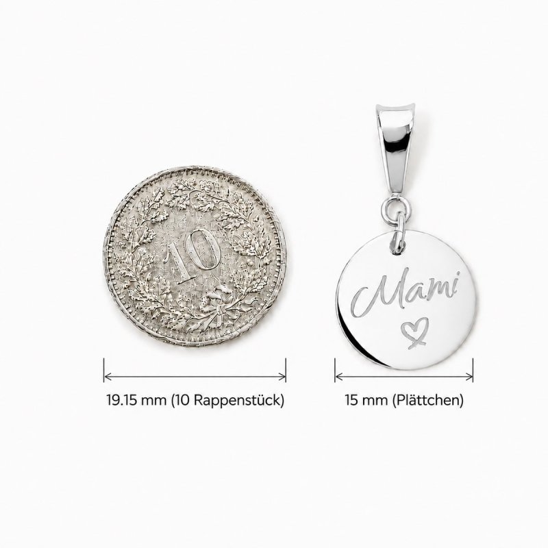 Grössenvergleich Anhänger 15 mm aus 925 Silber neben 10-Rappenstück